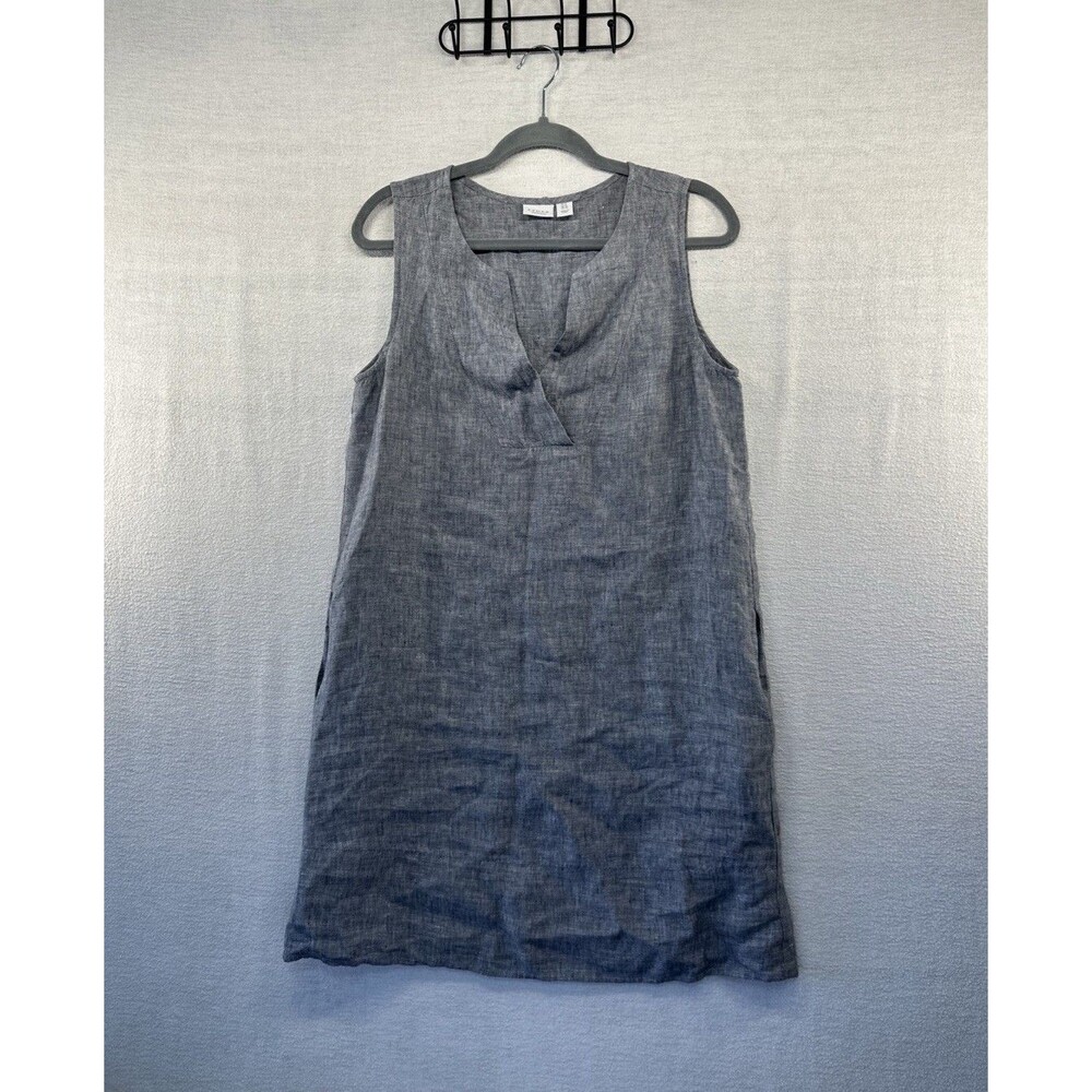 Kenar Women's Gray sheath Dress sz 8 chambray 100% Linen side pockets Boho Beach
